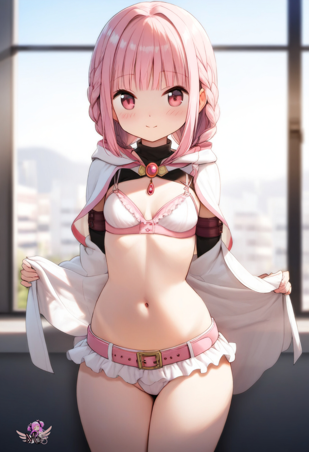 ai generated, artist logo, cape, cute, female, madoka worship, magia record: mahou shoujo madoka magica gaiden, magical girl, magical girl outfit, mahou shoujo madoka magica, microskirt, miniskirt, navel, panties, pink eyes, pink hair, puella magi madoka magica, ribbon, tamaki iroha