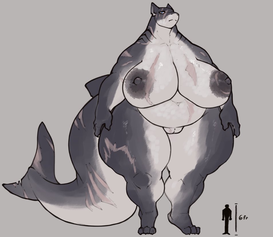 big_breasts furry huge_breasts larger_female megalodon shark shark_tail size_comparison size_difference smaller_male taller_girl thecoatl034 thick_thighs voluptuous