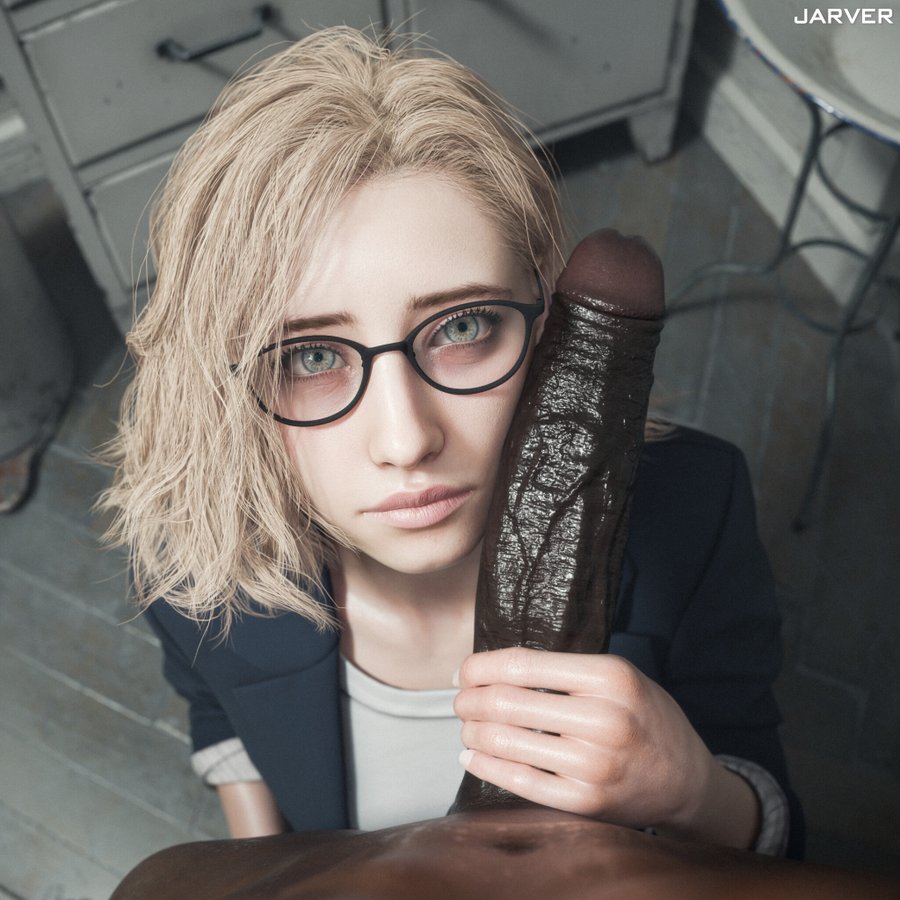 3d, blonde female, blonde hair, boss, boss and employee, clothed female nude male, cock, dark-skinned male, dick, fbi, fbi agent, female, glasses, grace ashcroft, grace ashcroft (fbi outfit), grace ashcroft (julia pratt), green eyes, huge cock, interracial, jarver, light-skinned female, looking at viewer, nathan dempsy, office, office lady, penis, penis on face, pov, resident evil, resident evil 9: requiem, tagme