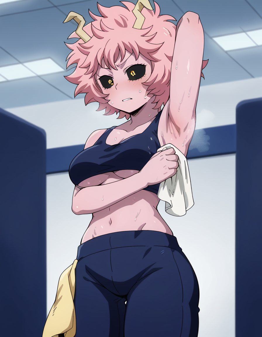 ai_generated armpits arms_up ashido_mina black_bra black_sclera blush bones_(company) bra breasts clothing colored_sclera colored_skin dirty_armpits female female_only gym holding horns indoors large_breasts looking_at_viewer medium_breasts messy_hair midriff mina_ashido my_hero_academia navel pants parted_lips pink_hair pink_skin presenting_armpit short_hair shounen_jump smelly_armpits solo sports_bra standing stinky_armpits stomach sweat sweatdrop sweaty teen teen_girl teenage_girl teenager towel underboob underwear wet yellow_eyes