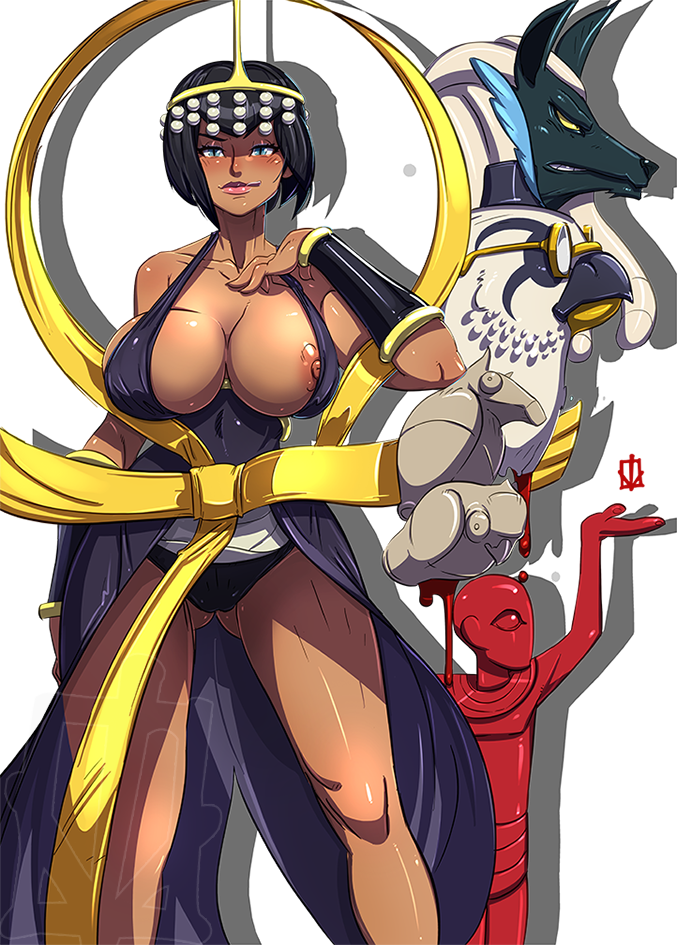 2boys albus_(skullgirls) bangs bare_shoulders black_dress black_hair blue_eyes blunt_bangs bob_cut breast_slip breasts cleavage dark-skinned_female dark_skin dress egyptian eliza_(skullgirls) female hagoromo halterneck horace_(skullgirls) kamina1978 large_breasts makeup multiple_boys nipple_slip no_bra shawl shiny shiny_skin short_hair side_slit skullgirls smile strap_gap tiara vambraces