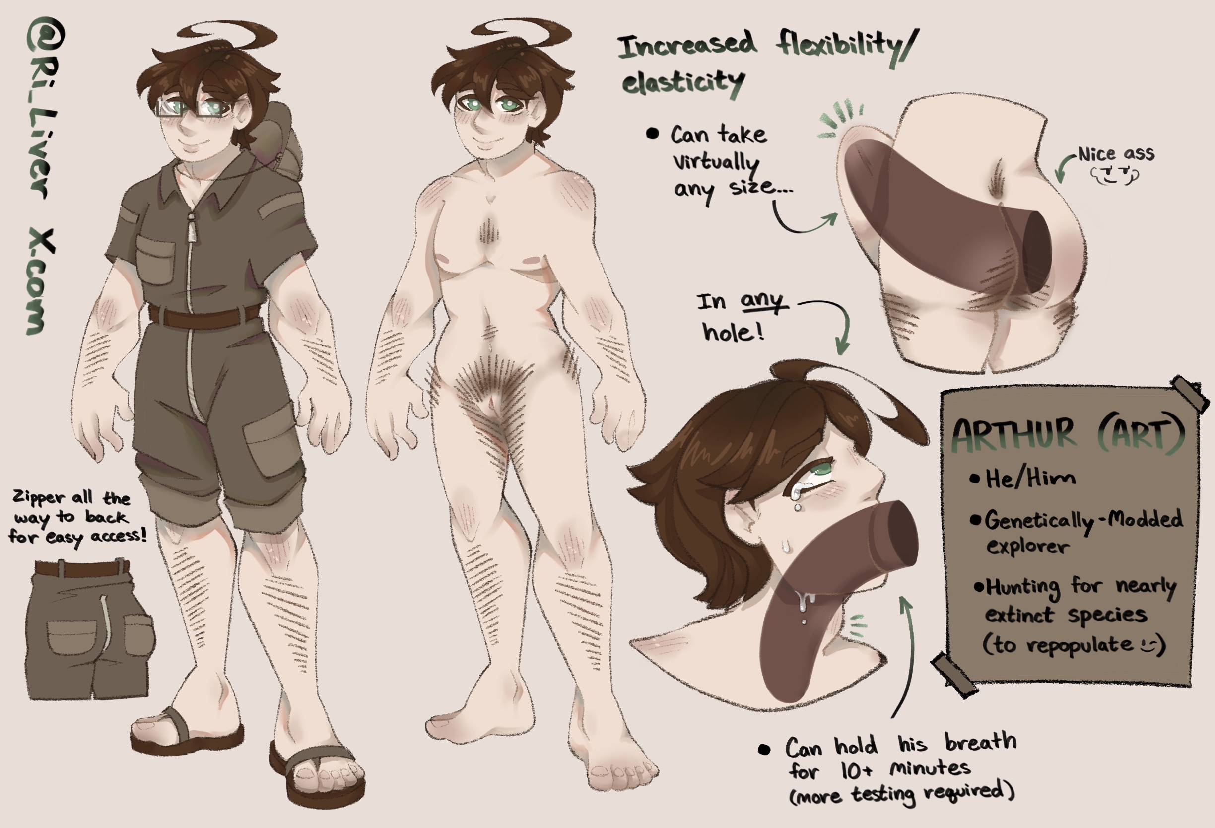 absurd res, absurdly large cock, anal, anal insertion, anal sex, belly bulge, brown hair, character sheet, clitoris, cuntboy, deep penetration, deepthroat, deepthroat no hands, elastic, english text, explorer, explorer outfit, green eyes, hairy pussy, illustration, impossible fit, large clitoris, male only, original, original character, penis, pussy, ri liver, throat bulge, throat swabbing, trans mand, twink