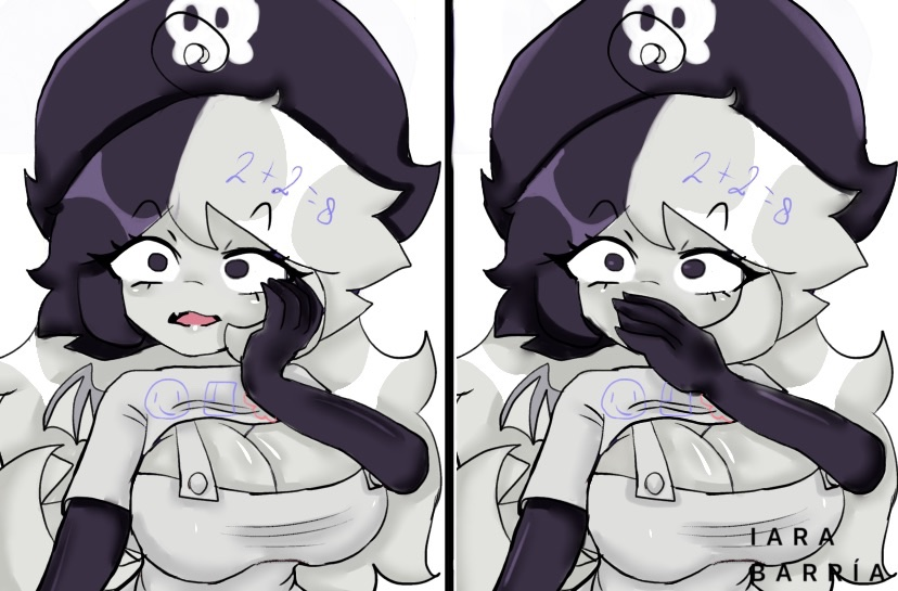 1girls big_breasts breasts cleavage fundamental_paper_education hand_over_mouth light-skinned_female multicolored_hair overalls pirate_hat sharp_claws shiny_skin shocked zip_(fundamental_paper_education)