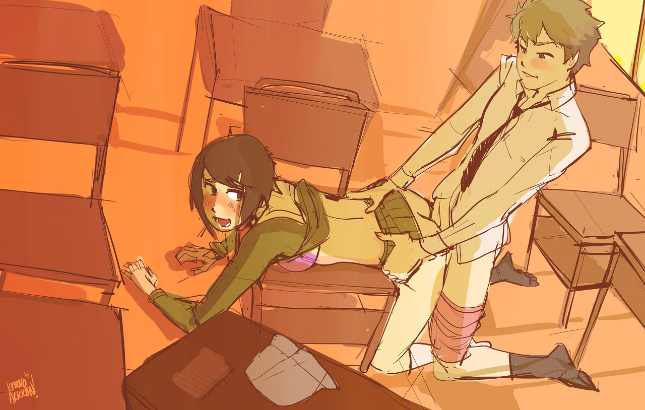 1boy, 1girls, 2014, ass, blonde hair, blush, bra, brown eyes, brown hair, chair, classroom, clothed, clothing, digimon, digimon adventure tri., doggy style, dress, female, from behind, green skirt, hikari yagami, human, kenno arkkan, looking back, lying, male, open mouth, penetration, pink bra, pussy, school uniform, schoolgirl, sex, shirt, shirt lift, short hair, skirt, skirt lift, socks, spread legs, straight, takeru takaishi, vaginal penetration