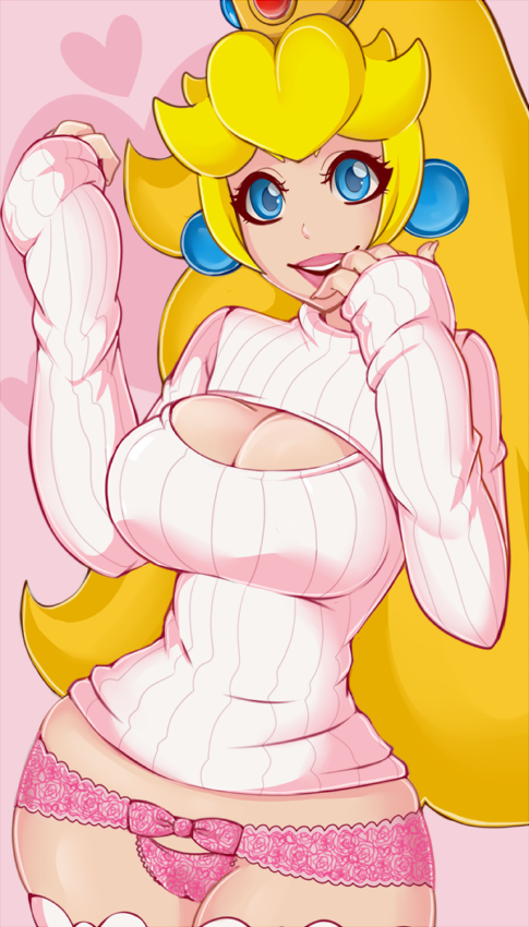 blonde hair, blue eyes, breasts, cameltoe, cleavage, cleavage cutout, crown, earrings, female, female only, finger to mouth, heart, human, large breasts, lingerie, long sleeves, looking at viewer, mahouchan, mario (series), nintendo, open mouth, open-chest sweater, panties, pink panties, princess peach, pussy, ribbed sweater, ribbon, simple background, smile, solo, standing, sweater, very long hair