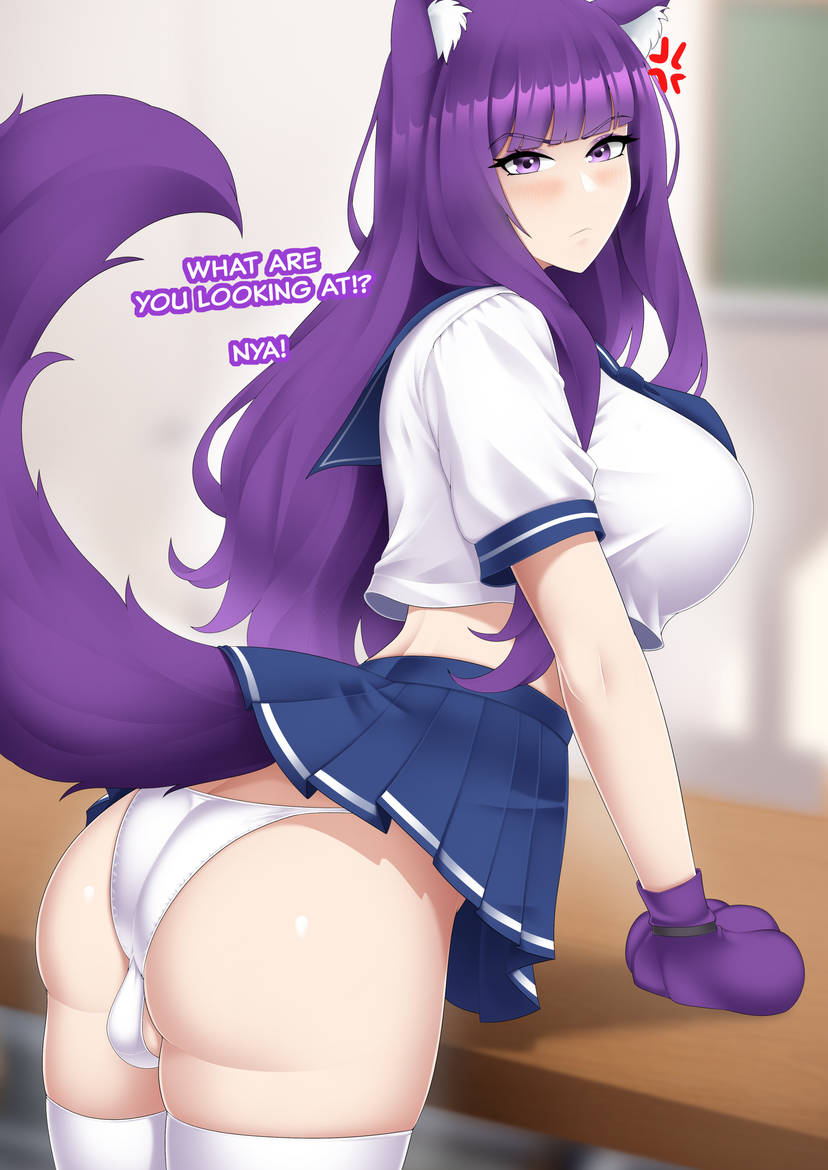 1futa angry animal_ears ass backsack blue_skirt breasts classroom clothed clothing desk dialogue english_text fox_ears fox_girl fox_tail fully_clothed futa_only futanari humanoid jesscatg kemonomimi large_breasts light-skinned_futanari light_skin long_hair looking_at_viewer original panties paw_gloves pawpads penis_in_panties purple_eyes purple_hair sailor_collar school_uniform shirt skirt skirt_lift solo standing text thighhighs unaware white_panties white_shirt