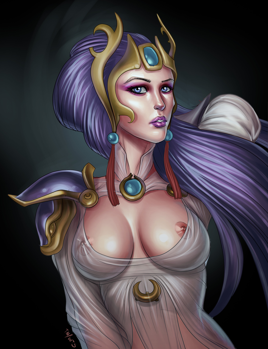 armor breasts diana_(league_of_legends) female forehead_protector handdrawn league_of_legends long_hair lunar_goddess_diana lunar_new_year lunar_revel_series makeup mascara nipples purple_hair radsquid see-through shoulder_pads solo year_of_the_horse