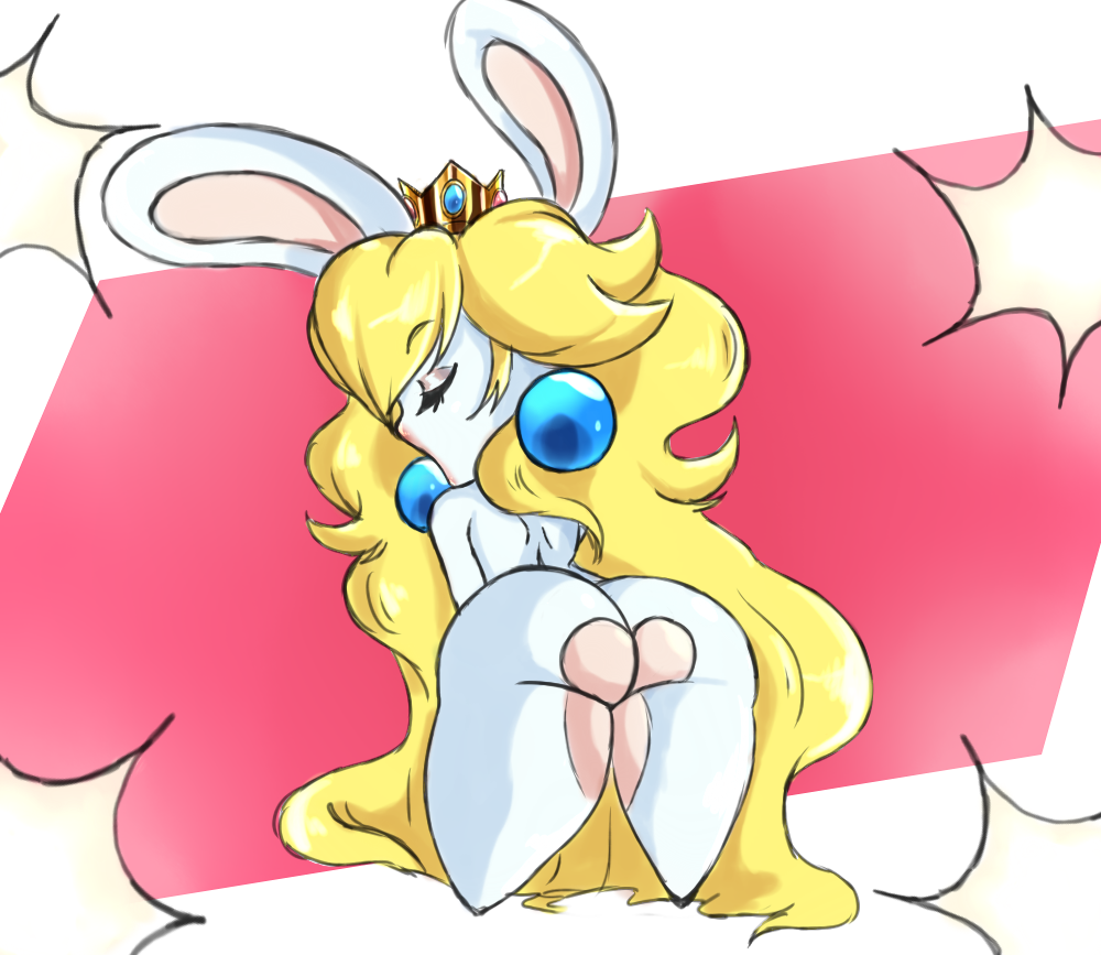 anthro ass big_butt black_eyebrows blonde_hair blue_ear_ring closed_eyes countershading crossover crown ear_piercing ear_ring eyebrow_through_hair eyebrows eyelashes female fur gold_crown hair headgear lagomorph long_hair mammal mario_(series) mario_plus_rabbids_kingdom_battle nintendo open_mouth piercing pink_body pink_countershading pink_inner_ear rabbid rabbid_peach raving_rabbids rayman_(series) rear_view ring_piercing solo super_mario_bros. theprincesskari thick_thighs translucent translucent_hair ubisoft white_body white_ears white_fur