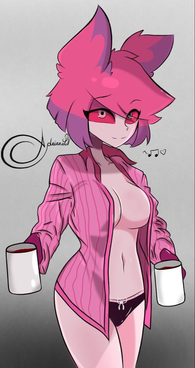 alastor_(hazbin_hotel) alastoria_(hazbin_hotel) belly breasts breasts_out button_down_shirt coffee_mug hazbin_hotel mug panties pantsless red_hair smile smiling_at_viewer thick_thighs tummy underwear usagi_star