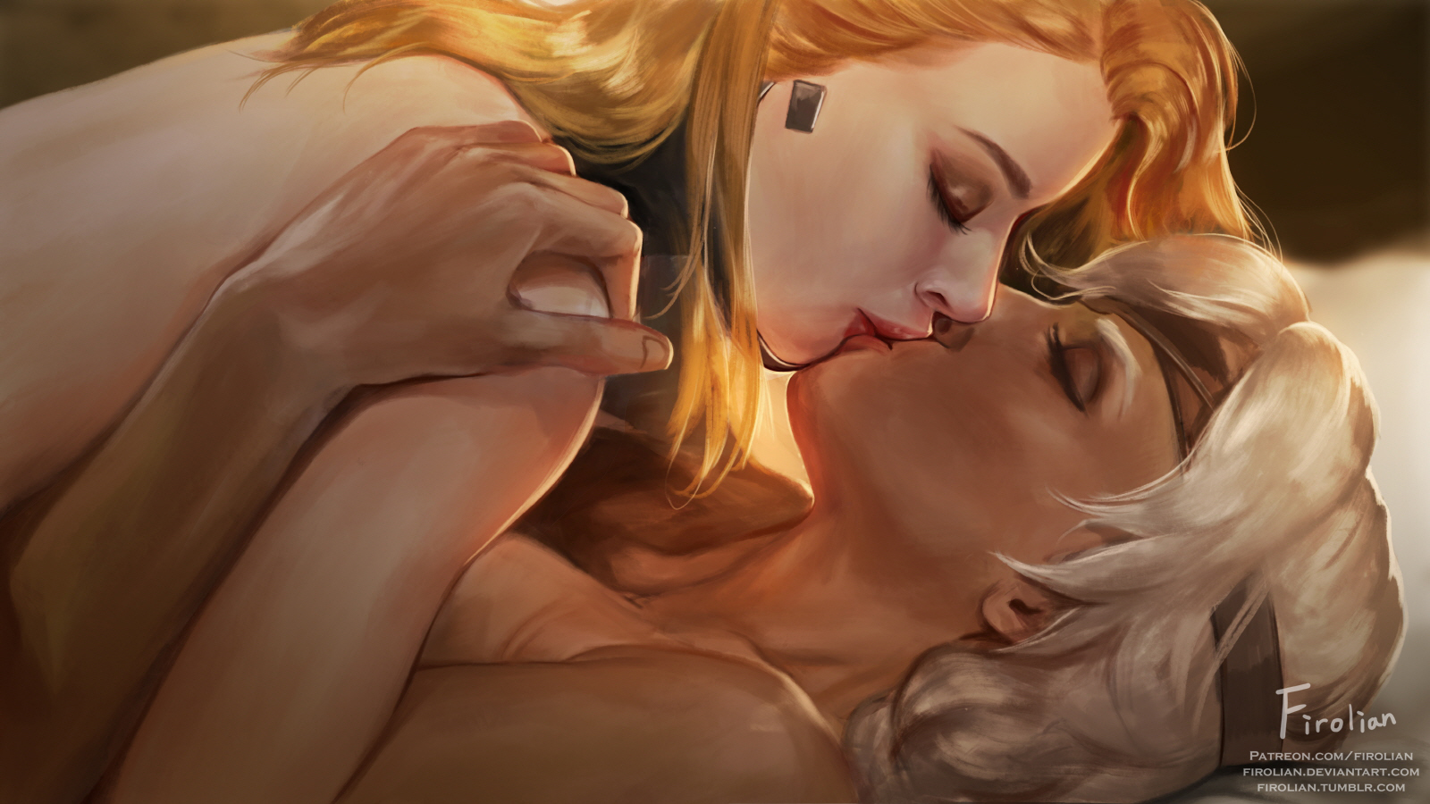 1girls, 2d, 2girls, age difference, alternate costume, ana amari, blizzard entertainment, blonde female, blonde hair, braided hair, braided ponytail, brown skin, brunette, closed eyes, dark skin, dark-skinned female, egyptian, eye patch, eyeshadow, female, female only, firolian, human, human only, interracial, interracial yuri, kissing, light skin, light-skinned female, long hair, mature, mature female, mercy, milf, old ana amari, overwatch, romantic, slim, white hair, yellow eyes, yuri