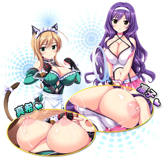 2girls breast_press breasts breasts_out cat_ears cat_tail catgirl cleavage clothing darts frills green_eyes hairband hideshima_rinko honoo_no_haramase_motto!_hatsuiku!_karada_sokutei_2 huge_breasts lactation light_brown_hair maid_outfit miniskirt multiple_girls purple_hair racquet shidou_maki short_hair squeez straps very_long_hair wavy_hair yellow_eyes yuibi