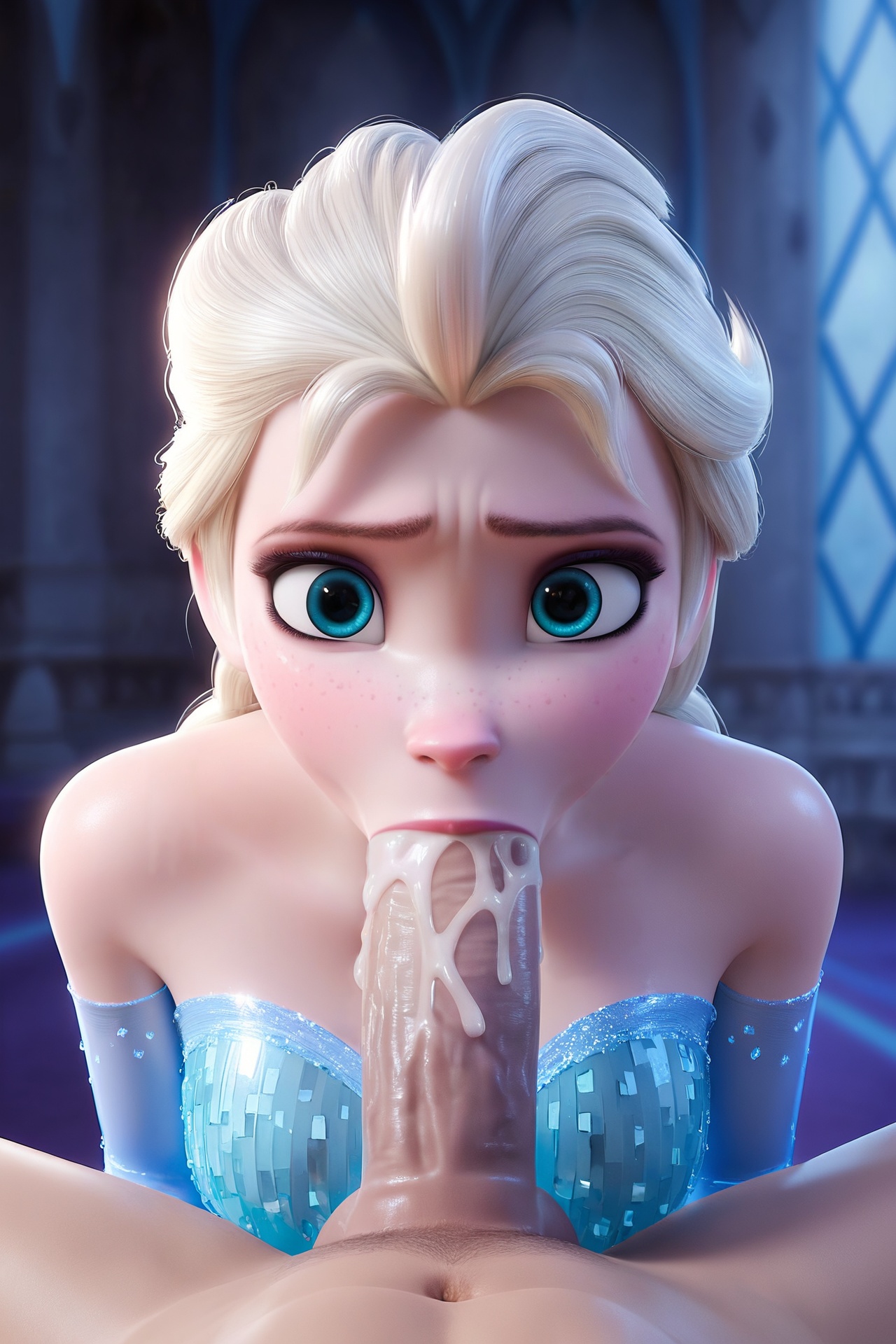 ai generated, balls, blowjob, clothing, cum, disney, elsa (frozen), fellatio, female, frozen (film), male, oral, penis, small breasts, testicles, throat fuck, uncensored