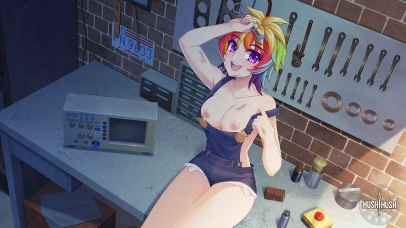 1girls crush_crush dirty exposed_breasts female female_focus female_only game_cg hush_hush iro_(crush_crush) overalls overalls_aside overalls_only purple_eyes rainbow_hair sad_panda_studios solo solo_female solo_focus tomboy