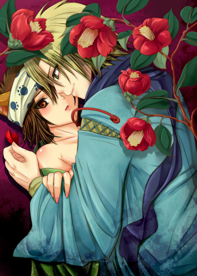 2boys anal blush clothing flower headband kubinashi long_nails male multiple_boys nurarihyon_no_mago ryouta_neko smile tamashiro yaoi