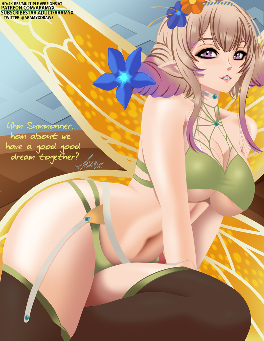 1girls aramyx bare_thighs bedroom_eyes blonde_hair bra breasts cleavage english_text fairy fairy_wings female female_only fire_emblem fire_emblem_heroes garter_belt green_panties inviting inviting_to_sex kneeling large_breasts looking_at_viewer multicolored_hair nintendo panties peony_(cherished_dream)_(fire_emblem) peony_(fire_emblem) pink_eyes sideboob smile solo text thighhighs thighs underboob underwear wings