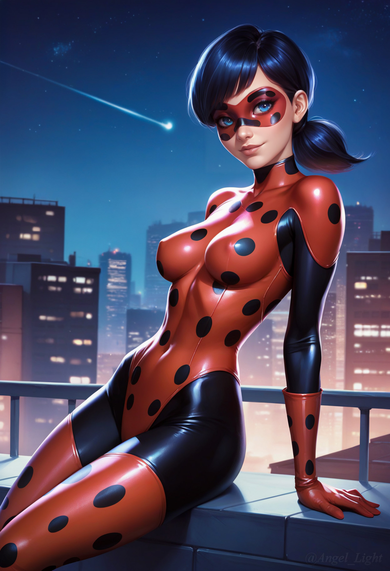 1girls, ai generated, angel light, angel light (artist), blue eyes, bodysuit, female, jpeg, ladybug (character), marinette cheng, marinette dupain-cheng, miraculous ladybug, nipples visible through clothing, self upload, suit