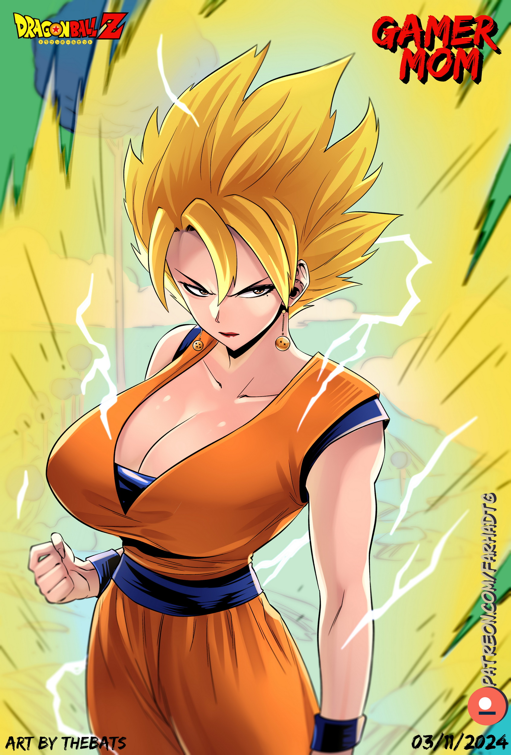 blonde hair, breasts, cosplay, dragon ball, dragon ball super, dragon ball z, female, female goku, large breasts, son goku
