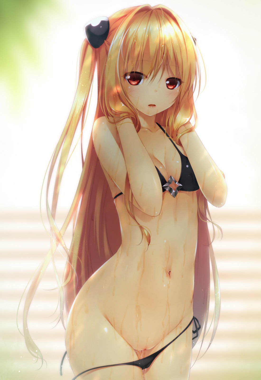 bikini, black bikini, blonde hair, blush, breasts, cleavage, female, hair intakes, hair ornament, highres, konjiki no yami, long hair, looking at viewer, navel, open mouth, pussy, red eyes, shokuyou mogura, side-tie bikini, small breasts, solo, swimsuit, tied hair, to love-ru, to love-ru darkness, twintails, uncensored, untied, untied bikini, very long hair, wet