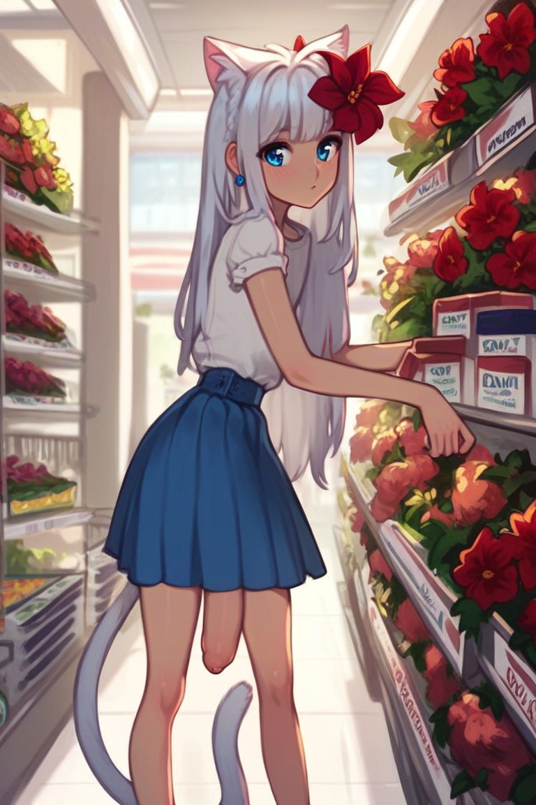 1futa, ai generated, big penis, breasts, cat ears, cat girl, cat tail, catgirl, clothed, clothing, female, flaccid, flowers, futanari, intersex, looking at viewer, penis, penis under skirt, small breasts