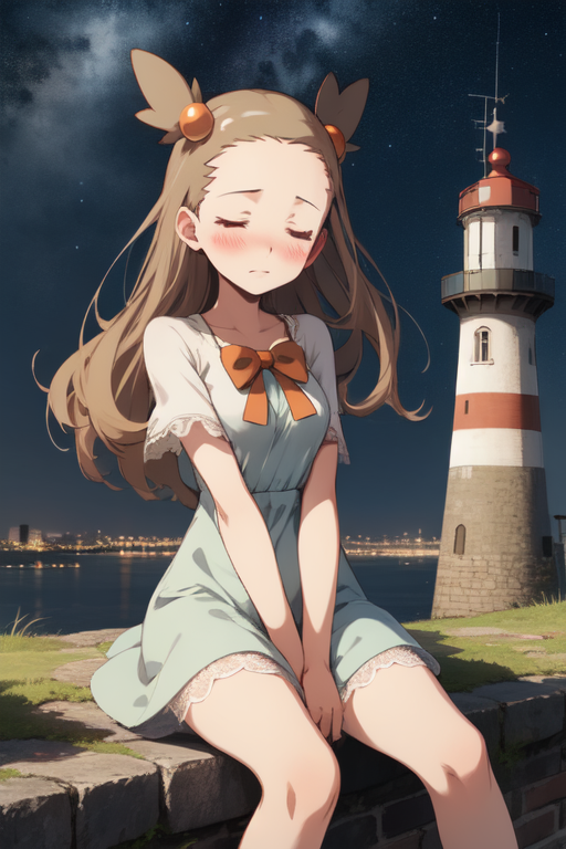 ai_generated blush closed_eyes female female_only jasmine_(pokemon) jasmineolivine lighthouse night ocean pokemon starry_sky suggestive sundress teal_dress