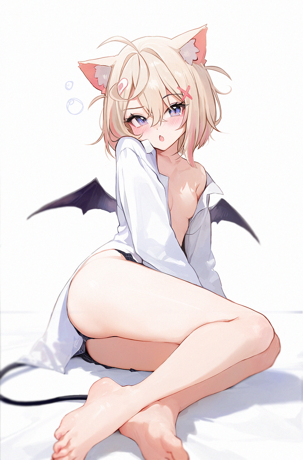 1girls animal_ears ass barefoot blonde_female blonde_hair blue_eyes blush demon_girl demon_tail demon_wings devil_tail devil_wings exposed_breasts feet flat_chested hair_ornament hairclip hololive hololive_english hololive_english_-advent- koahri mococo_abyssgard no_bra oversized_shirt short_hair small_breasts thighs virtual_youtuber