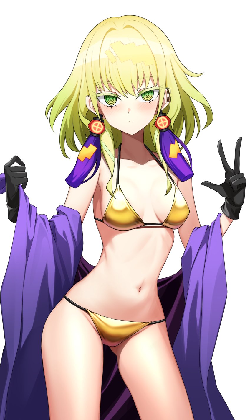 1girls artist_name artist_request belly belly_button bikini black_gloves blonde_hair blush breasts ear_piercing female female_focus female_only gloves gold_bikini gold_bra gold_underwear golden_bikini green_eyes looking_at_viewer medium_breasts navel noh-p.u.n.k._ze_amin p.u.n.k_ze_amin peace_sign purple_jacket short_hair swimsuit thick_thighs thighs v v_sign white_background yu-gi-oh!