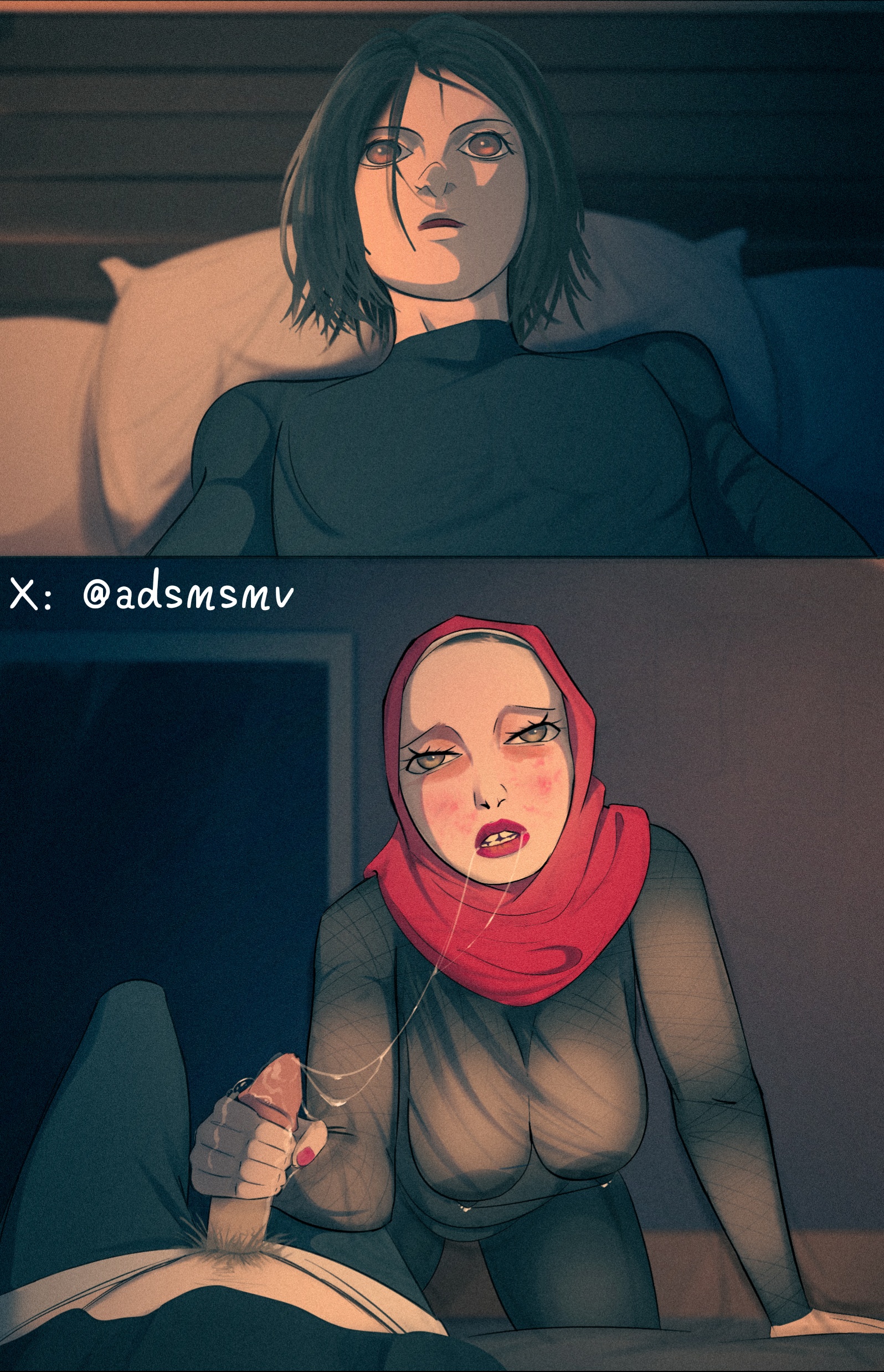 adtyaa, aunt, aunt and nephew, big breasts, blush, breasts, busty, chubby, couple, female, fishnet, fishnet legwear, fishnet pantyhose, fishnet stockings, fishnets, handjob, hijab, lactating, lipstick, male, older, older female, older female and younger male, penis, sagging breasts, saliva, saliva drip, saliva on penis, saliva string, saliva trail, see-through clothing, thick hips, translucent clothing, udders