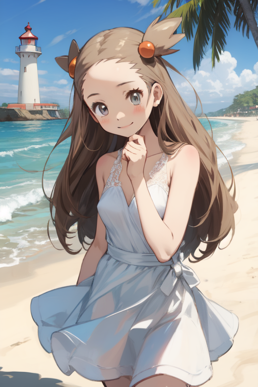 ai_generated beach female female_only jasmine_(pokemon) jasmineolivine lighthouse looking_at_viewer pokemon suggestive_look sundress white_dress