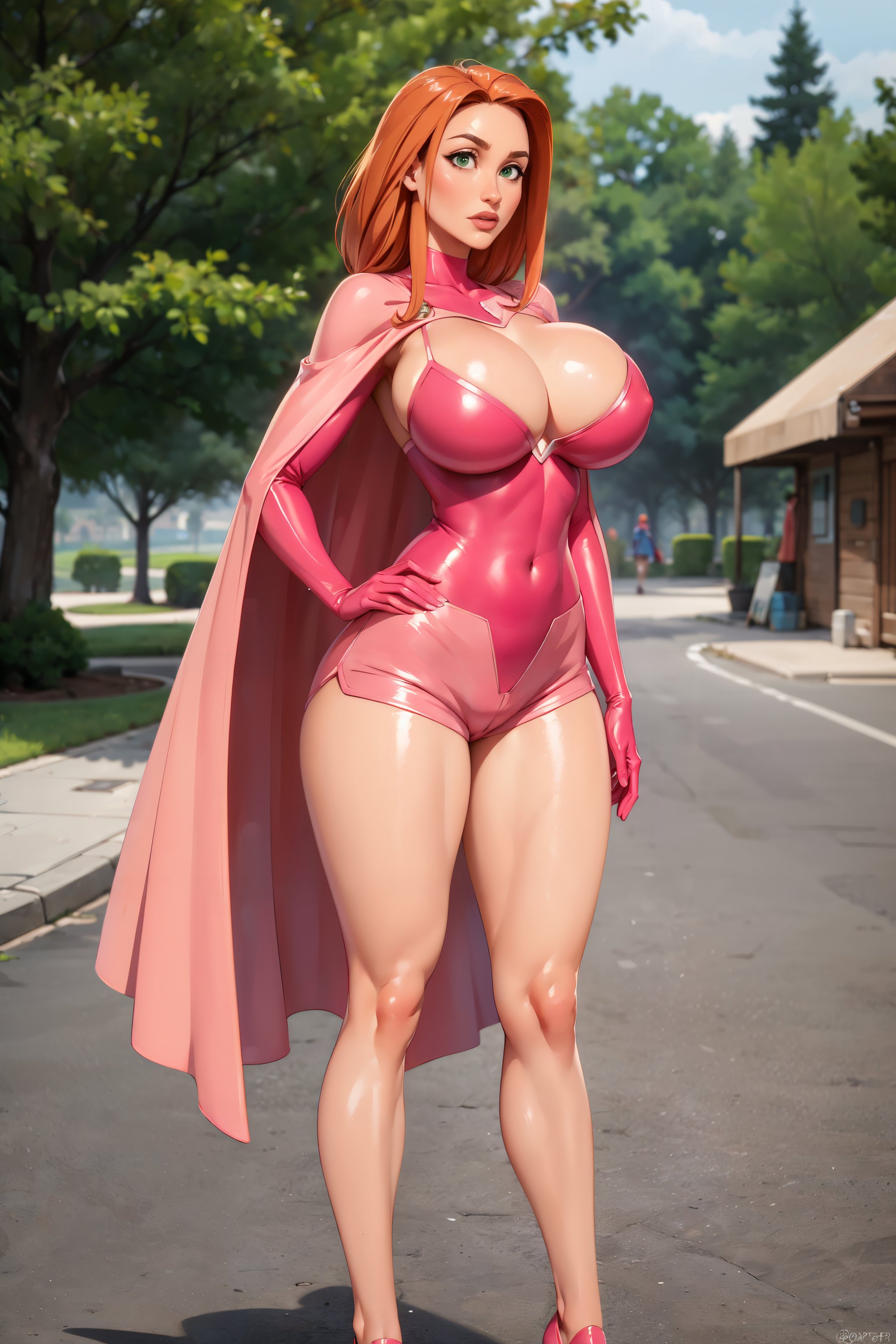 1girls, ai generated, atom eve, big breasts, breasts, female, invincible, invincible (tv series), league69, nipple bulge, orange hair, short hair, solo
