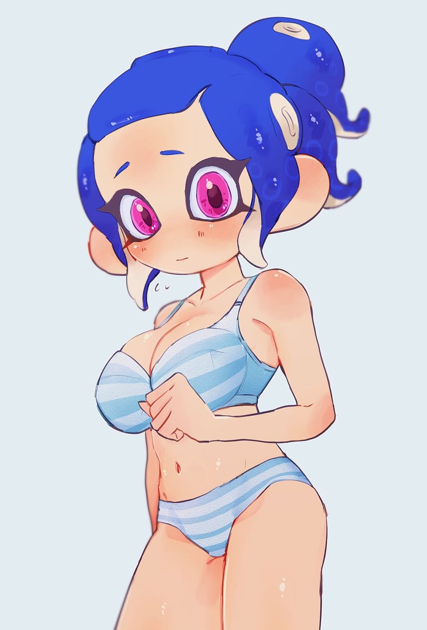 blue_background blue_bra blue_hair blue_panties blush bra breasts closed_mouth collarbone doro_mizu_831 eyelashes female female_only large_breasts looking_at_viewer medium_hair navel octoling octoling_girl panties ponytail simple_background solo splatoon splatoon_(series) standing striped_bra striped_clothes striped_clothing striped_panties tentacle tentacle_hair underwear waka-chan_(doro_mizu_831)