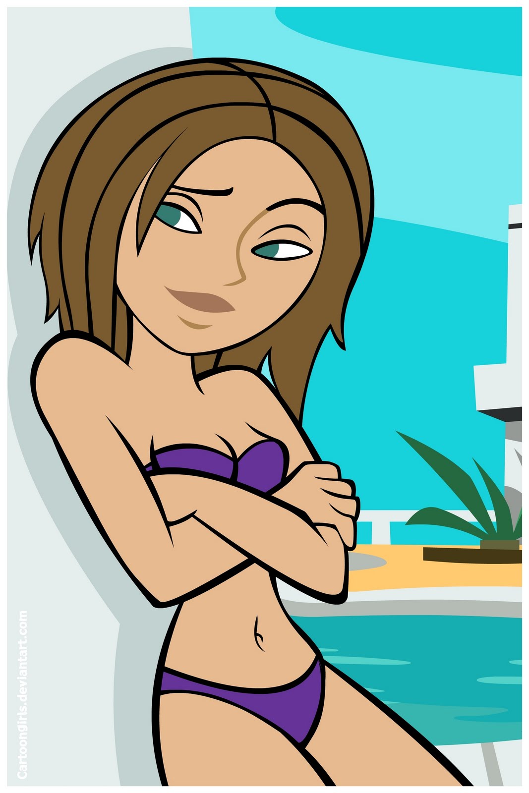 1girls aqua_eyes bikini bonnie_rockwaller brown_hair cartoongirls crossed_arms cur curvy_female disney female kim_possible looking_at_another navel poolside purple_bikini purple_swimsuit solo swimsuit teenage_girl teenager