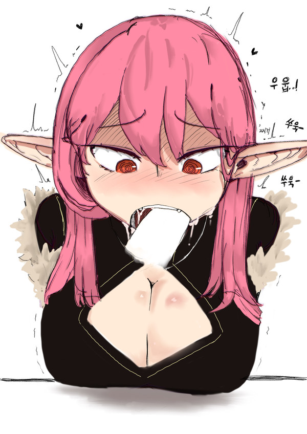 blowjob disembodied_penis elf_ears heart kina_lillet korean_text light_skin looking_down pink_hair player_(oh_hyeon-jun) red_eyes white_background