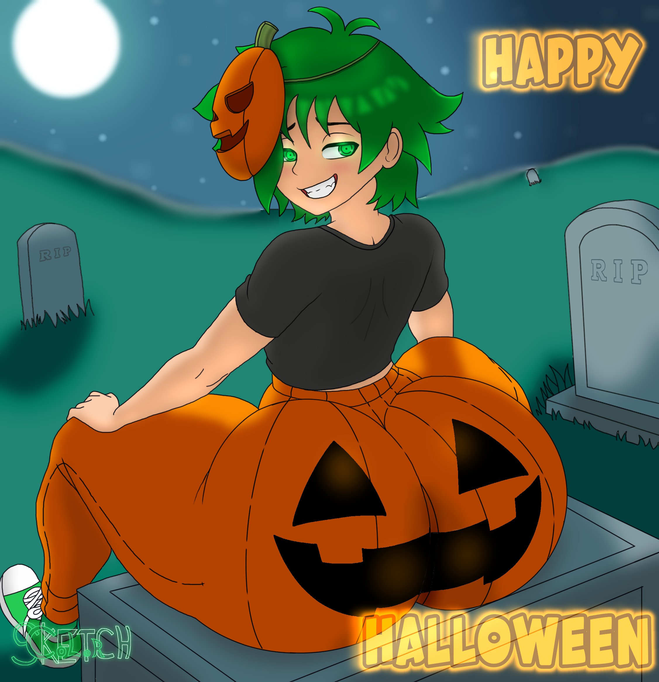 1boy, 2d, ass, ass focus, bottom heavy, fat ass, femboy, glowing eyes, green eyes, green hair, halloween, male, male only, oran (sketchcolor), original, original character, pumpkin butt, sketchcolor, tight pants, voluptuous, voluptuous femboy, voluptuous male, yaoi
