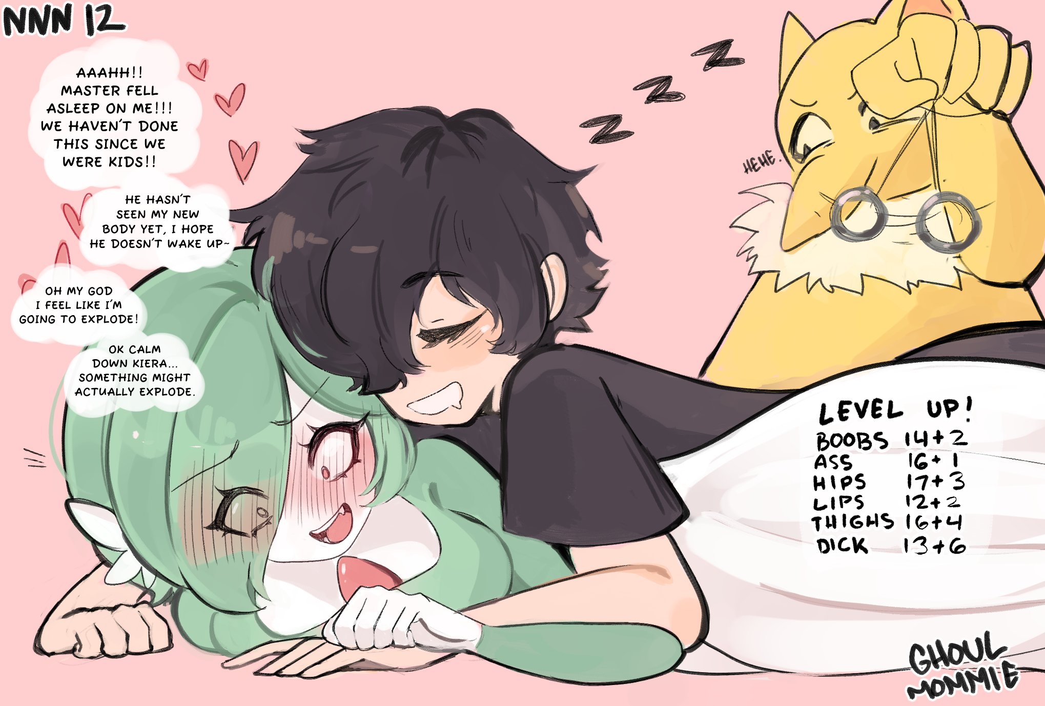 1boy, 1futa, 2023, black hair, blush, embarrassed, female, futanari, gardevoir, generation 1 pokemon, generation 3 pokemon, ghoulmommie, green hair, heart, heavy blush, hi res, human, hypno, intersex, lying, lying on person, male, male gardevoir, nintendo, no nut november, pokemon, pokemon (species), red eyes, simple background, sleeping, sleeping on person