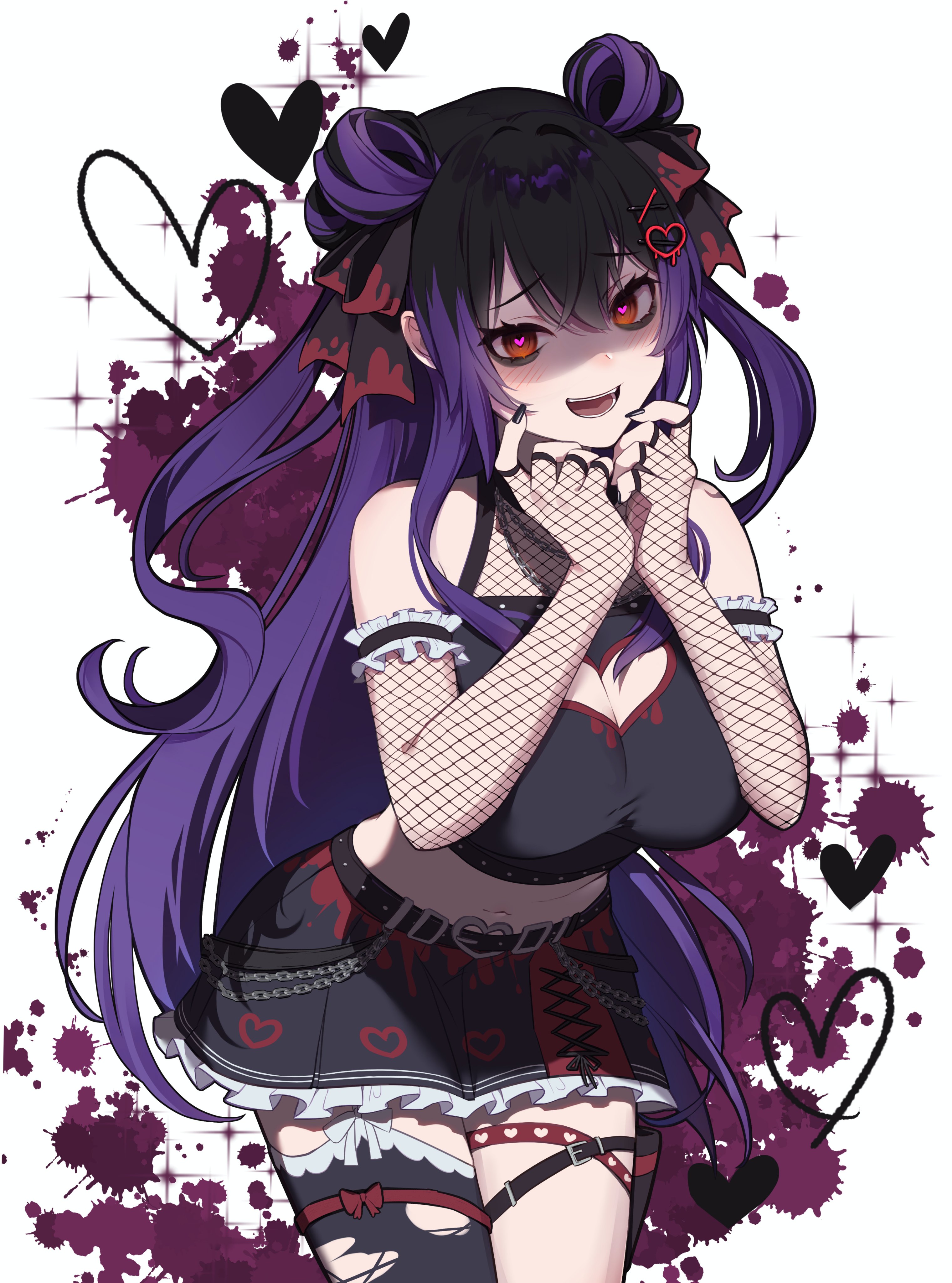 bangs, bare shoulders, belt, black hair, black nails, black shirt, black skirt, black thighhighs, blood, blood splatter, blush, breasts, cleavage, cleavage cutout, clothing cutout, cowboy shot, crop top, double bun, elbow gloves, female, fingerless gloves, fishnets, frilled skirt, frills, gloves, hair bun, hair ornament, hair ribbon, heart, heart cutout, heart-shaped pupils, kurumi (vtuber), large breasts, leaning forward, long hair, looking at viewer, midriff, miniskirt, multicolored hair, nail polish, navel, open mouth, pleated skirt, purple hair, red eyes, ribbon, shaded face, shirt, single thighhigh, skirt, sleeveless, smile, solo, symbol-shaped pupils, thigh strap, thighhighs, torn clothes, torn thighhighs, very long hair, virtual youtuber, yandere