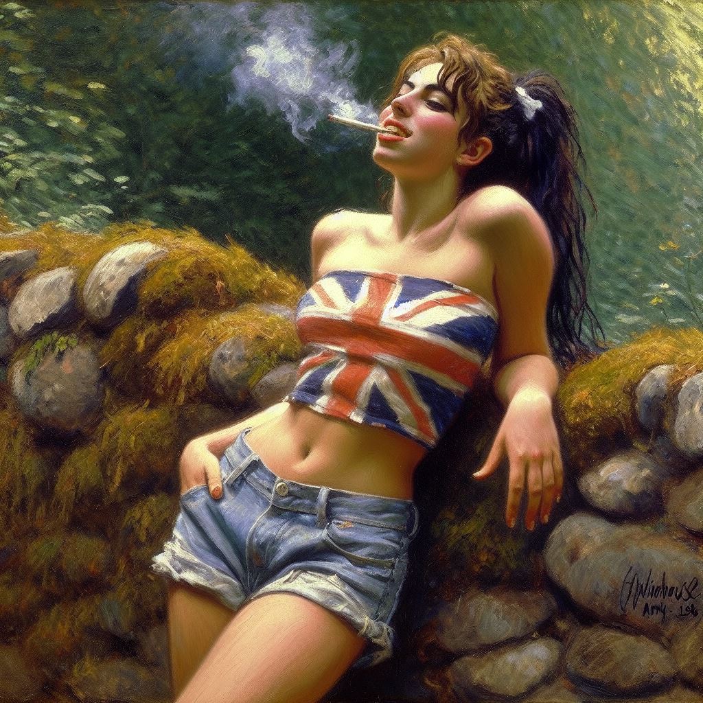 british british_female crop_top england english flag jean_shorts midriff national_personification shorts smoking uk_flag union_jack united_kingdom