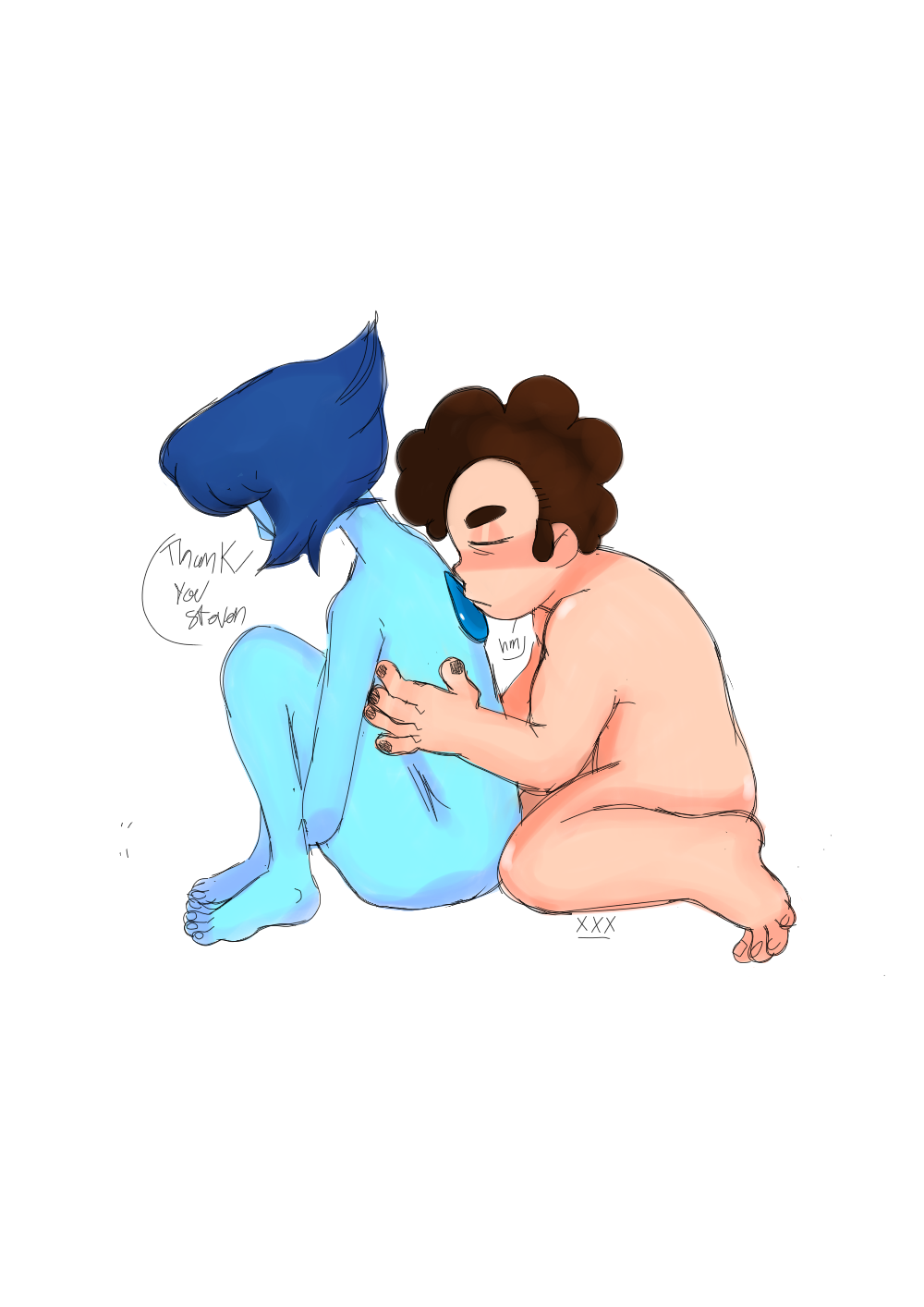 1boy 1girls age_difference black_hair blue_skin cartoon_network chubby female gem_(species) lapis_lazuli_(steven_universe) male male_and_female_focus nonsexual_nudity nude older_female steven_quartz_universe steven_universe teenager wholesome xxxchillipepper_(artist) younger_male