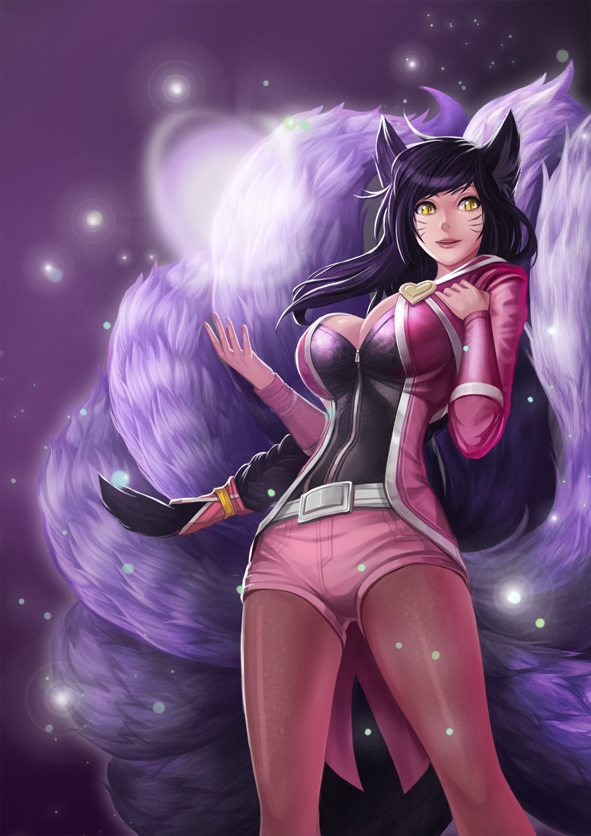 ahri, black hair, breasts, female, fur, furry tail, humanoid, league of legends, multi tail, popstar ahri, solo, tail, yellow eyes