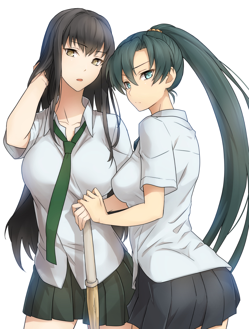 2girls black_hair female fire_emblem fire_emblem:_the_blazing_blade green_eyes green_hair karla_(fire_emblem) long_hair lyn_(fire_emblem) lyndis_(fire_emblem) multiple_girls ponytail sajittari school_uniform skirt tied_hair yellow_eyes yuri