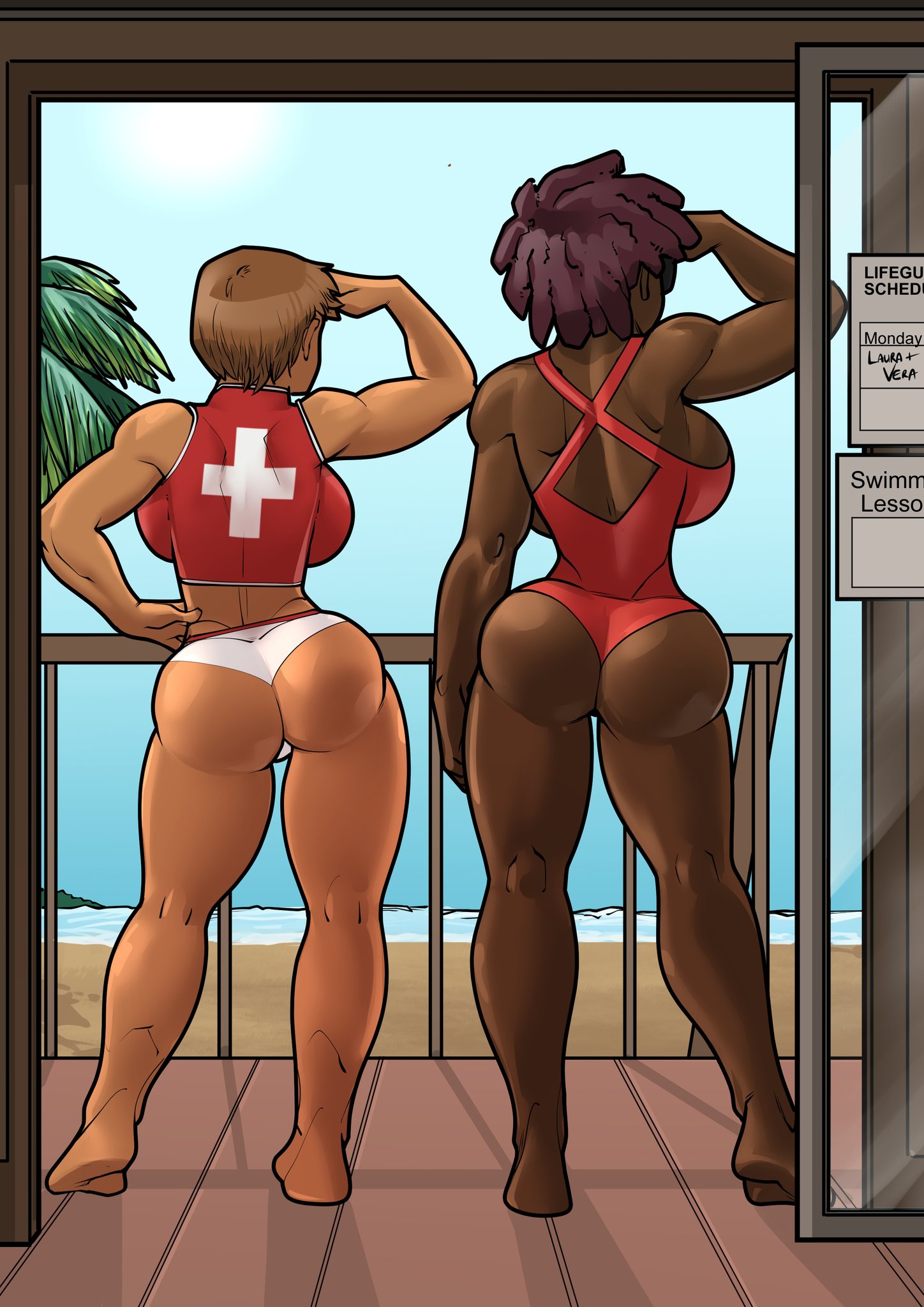 2girls, ass, ass focus, back, back view, bare arms, bare legs, bare shoulders, bare thighs, big ass, big breasts, big butt, black hair, breasts, brown hair, clothed, clothing, color, dark skin, dark-skinned female, female, female focus, female only, fit, fit female, hi res, large breasts, laura reed, lifeguard, lifeguard swimsuit, light skin, light-skinned female, multiple females, multiple girls, muscles, muscular, muscular female, my mom and sister are size queen sluts, older female, rabies-t-lagomorph, rear view, short hair, slutwr1ter, solo female, sunglasses, swimming trunks, swimsuit, tagme, thick thighs, vera herron, younger female