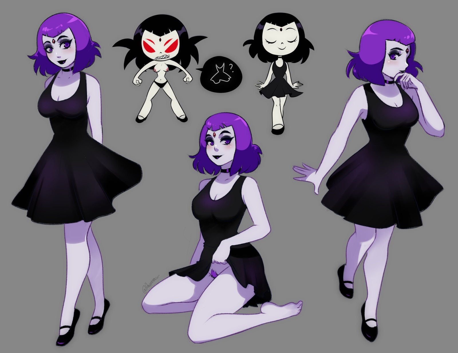1girls, 4 eyes, barefoot, black dress, black hair, blush, breasts, chibi, chibi inset, choker, cleavage, clenched fist, clothed, dc, dc comics, dress, dress lift, eyeshadow, female, female only, forehead jewel, full body, goth, hi res, kneeling, lipstick, looking at viewer, medium hair, multi eye, nipple piercing, nipples, no panties, panties, piercing, plain background, pubic hair, purple eyes, purple hair, pussy, pussy hair, rachel roth, raven (dc), ravenemore, red eyes, sharp teeth, skirt lift, smile, teen titans, topless, white skin