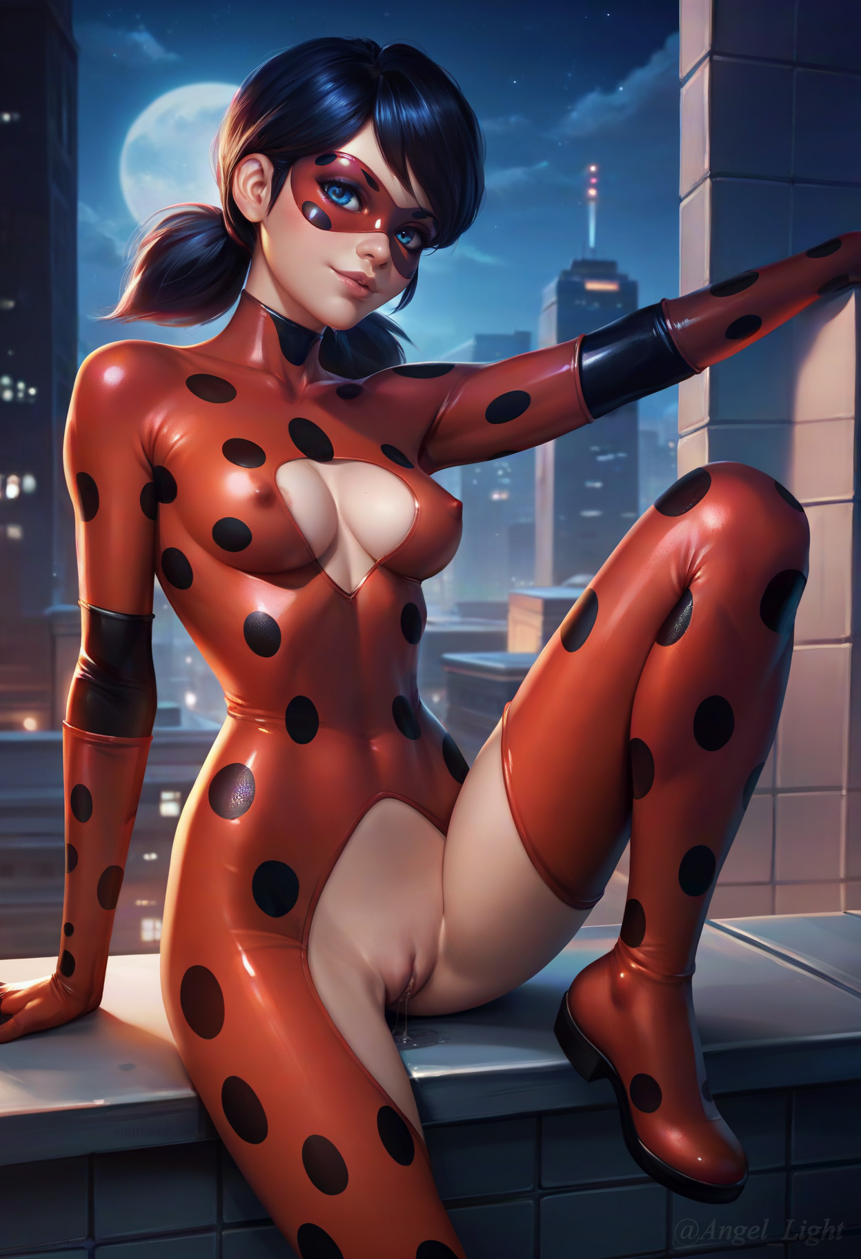 1girls, ai generated, angel light, angel light (artist), blue eyes, female, ladybug (character), marinette cheng, marinette dupain-cheng, miraculous ladybug, nipples visible through clothing, pussy, suit, wet pussy