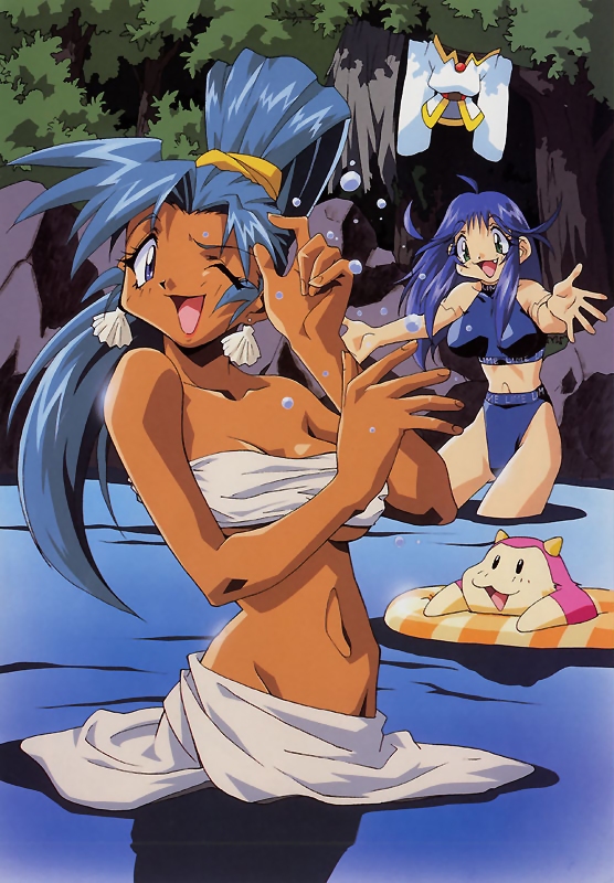 1990s_(style) 2girls 90s bandeau bath bikini bikini_bottom blue_hair bra breasts clothing dark-skinned_female dark_skin earrings fang female green_eyes happy highleg highleg_swimsuit jewelry kotobuki_tsukasa lime_(saber_j) long_hair marine_(saber_j) medium_breasts midriff multiple_girls oerba_yun_fang official_art one_eye_closed outdoors ponytail retro_artstyle saber_marionette_j shimamura_hidekazu splashing strapless swimsuit tank_top tankini tied_hair tube_top tubetop underboob underwear water wink