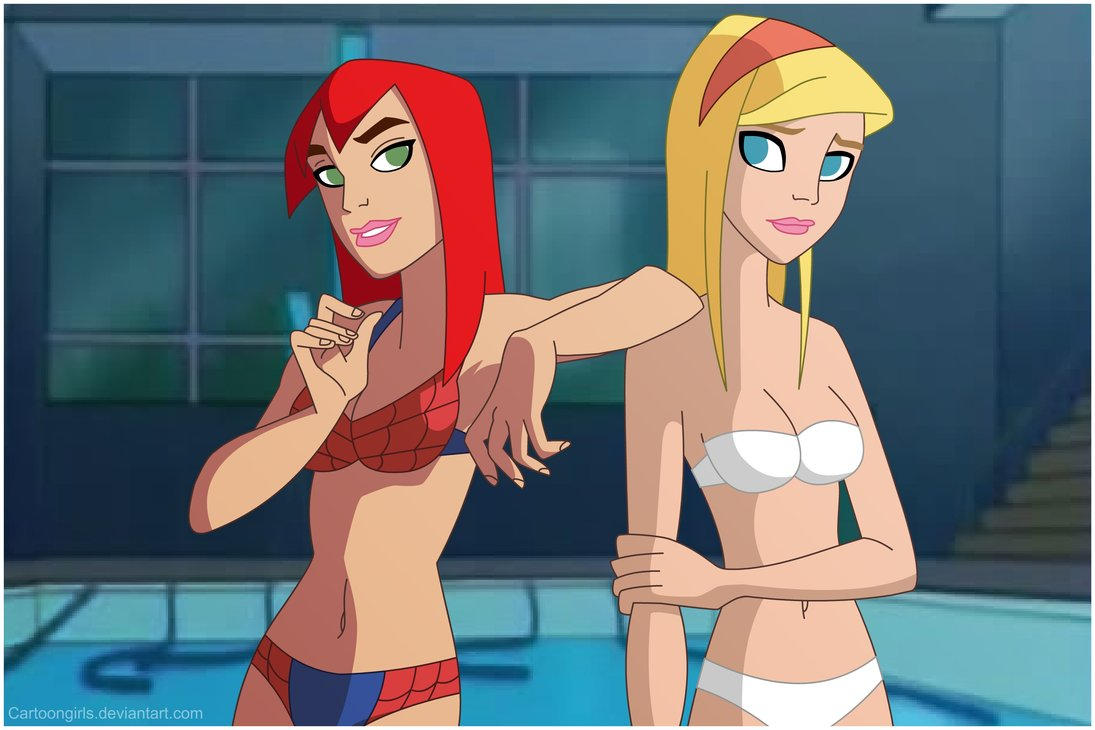 2girls bikini blonde_hair cartoongirls female female_only gwen_stacy gwen_stacy_(classic) gwen_stacy_(spectacular) human human_only marvel mary_jane_watson mary_jane_watson_(spectacular) panties red_hair spider-man_(series) swimsuit the_spectacular_spider-man themed_clothes white_bikini