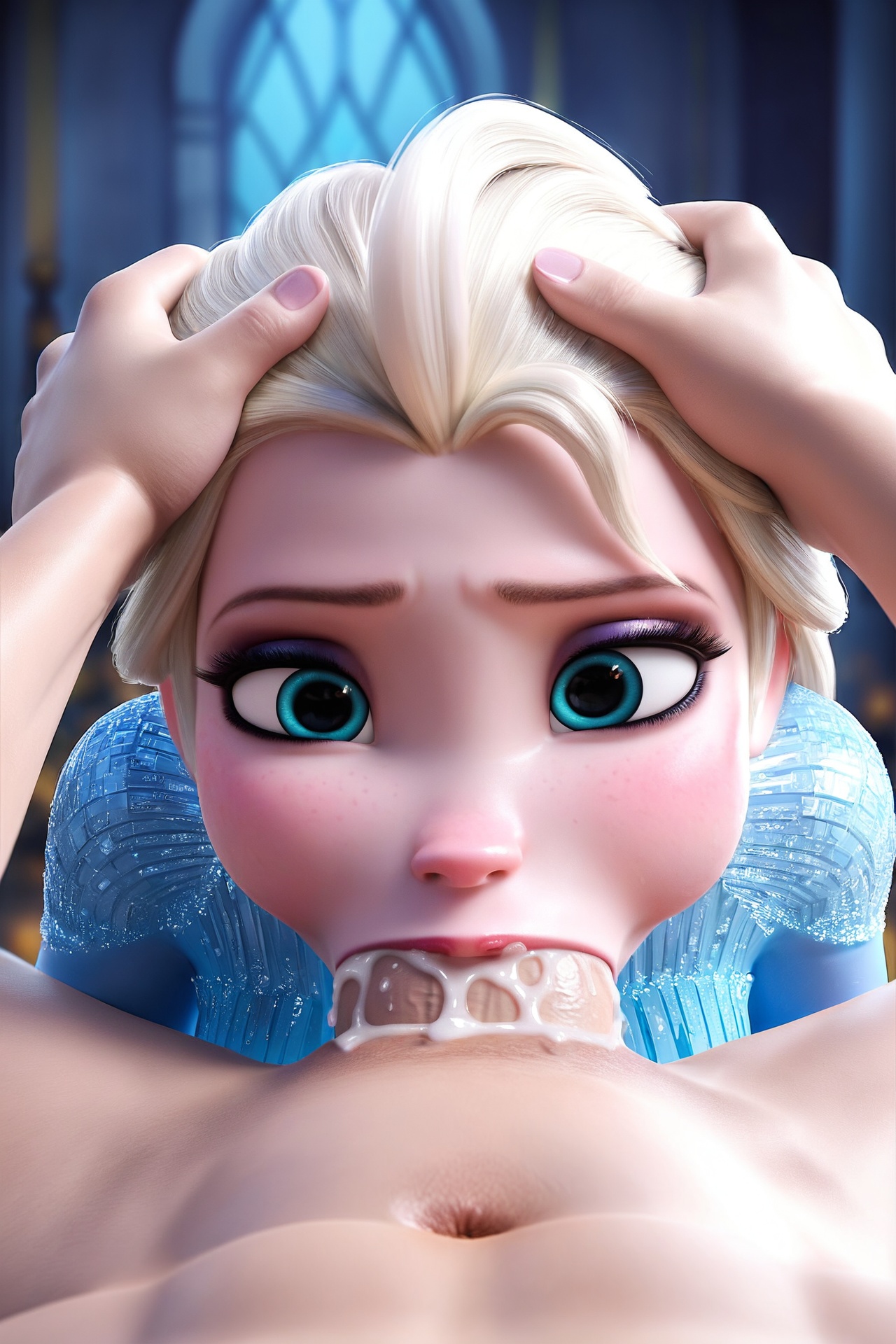 ai generated, clothing, cum, deepthroat, disney, elsa (frozen), female, frozen (film), male, oral, penis, throat fuck, uncensored