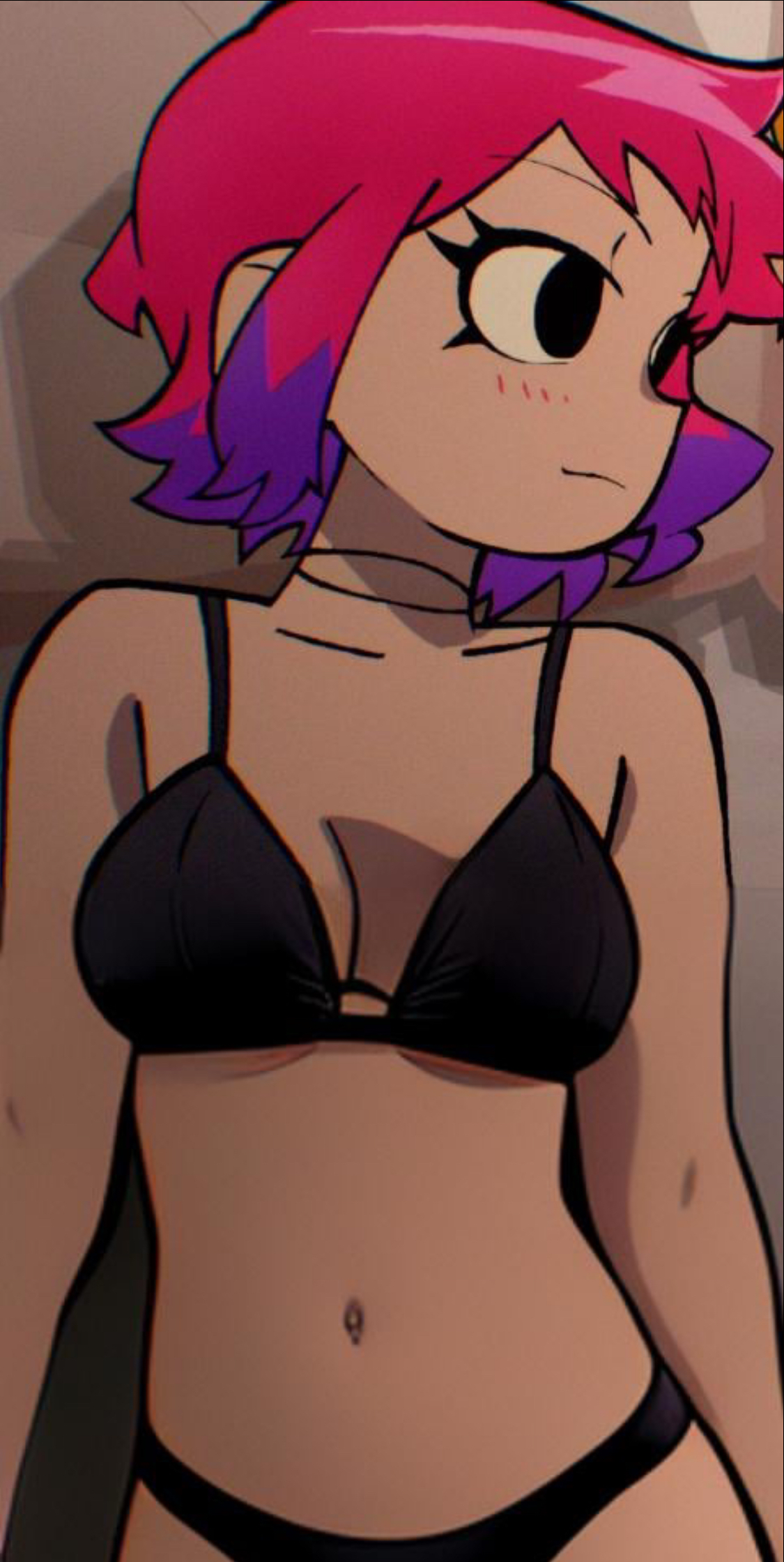 accurate art style, ai generated, black bra, black eyes, black panties, black underwear, bra, choker, dyed hair, female, highlights (coloring), in bed, panties, pink hair, ramona flowers, scott pilgrim, underwear