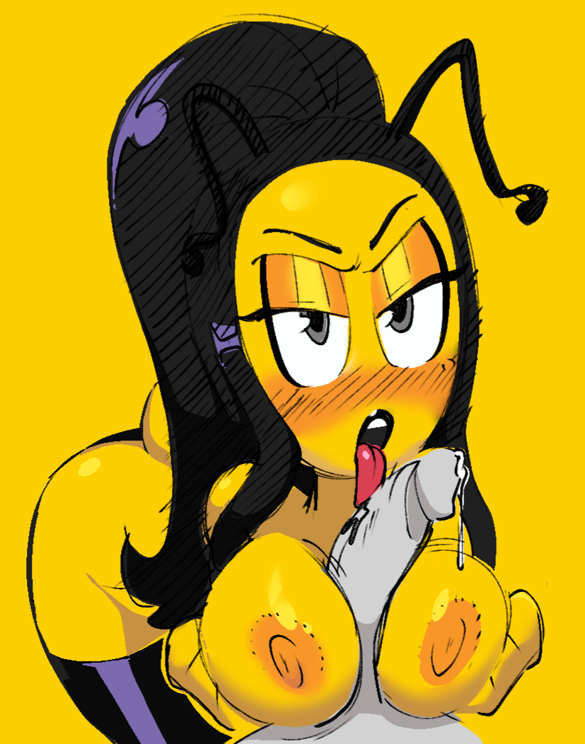 anastasia_(thatbennybee) antennae_(anatomy) ass_visible_from_the_front bedroom_eyes bee bee_girl black_hair black_lips boobjob grey_penis leaning licking_penis long_ponytail penis_between_breasts precum saliva side_bangs thatbennybee thighhigh_boots tongue_out yellow_skin