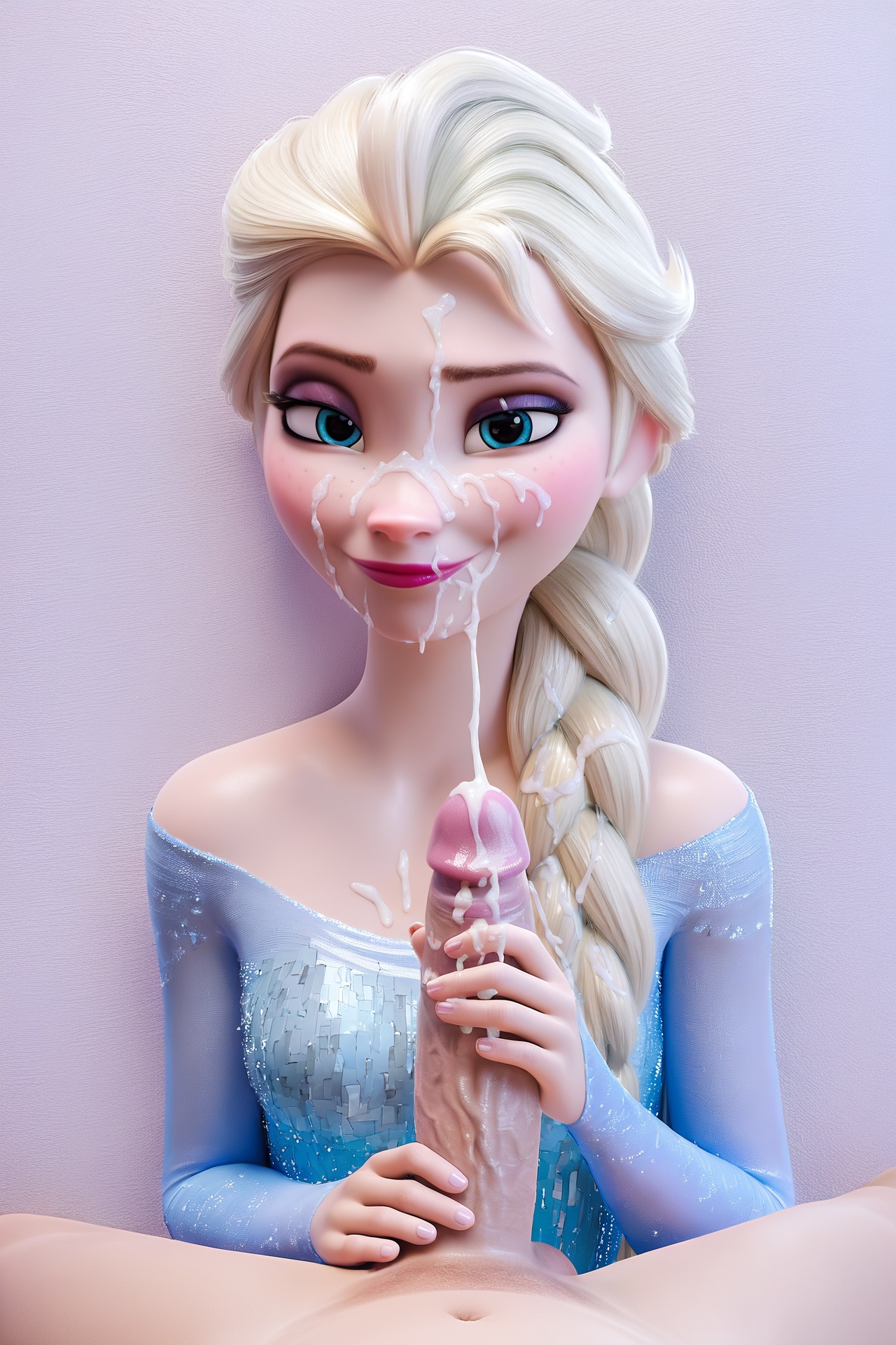 ai generated, balls, clothing, cum, cum on face, disney, elsa (frozen), female, frozen (film), handjob, male, penis, small breasts, smiling at viewer, testicles, uncensored