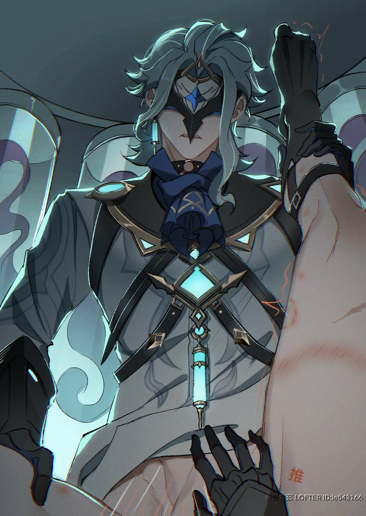 2boys, blue hair, bruise, choker, clothed, dottore (genshin impact), gay, genshin impact, gloves, hidden eyes, laboratory, leg up, legs apart, male, male only, male penetrating, male/male, mask, masked, masked male, motion lines, selfcest, shaking, shirt lift, socks, squeezing, taker pov, yaoi