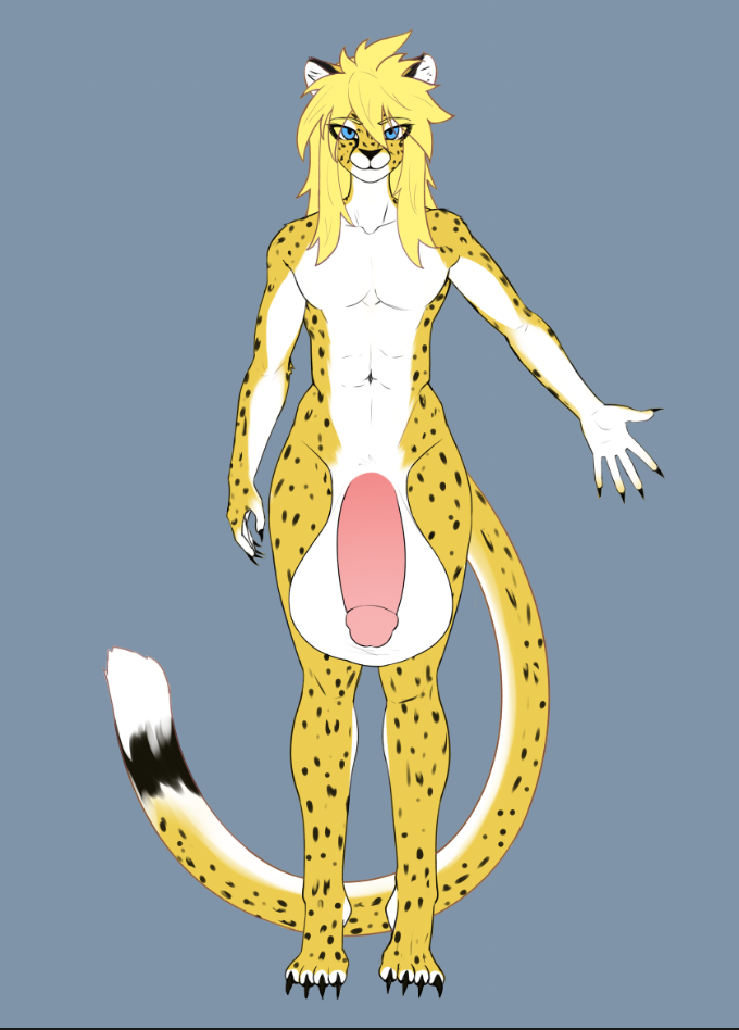 1boy alternate_version_available anthro arion_oropelt blond_fur blonde_hair blonde_hair_male blonde_male blue_eyes cheetah clawed_fingers claws digital_drawing_(artwork) digital_media_(artwork) digitigrade feline feline_tail fit fit_male furry humanoid_penis hyper hyper_balls hyper_genitalia hyper_penis large_balls large_penis male male_only mammal niflheim_(artist) solo_male spots tagme twink white_fur yellow_fur